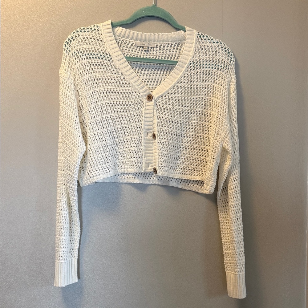 Love Tree Cream Boho Indie Crochet Knit Cardigan Sweater with Wood Buttons